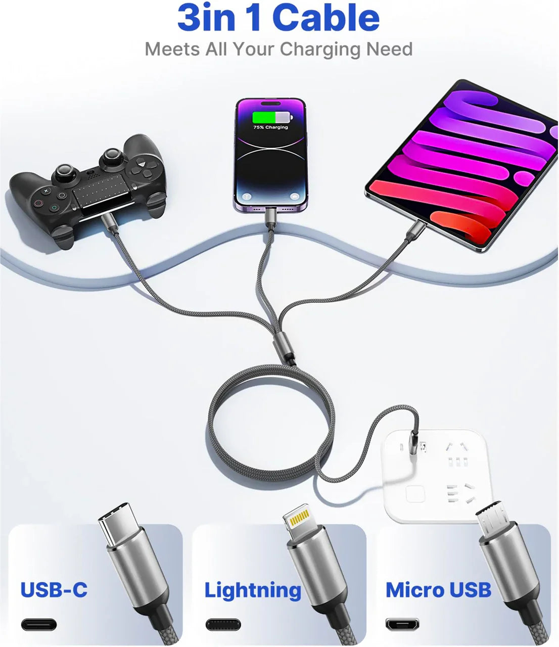 Infinity Silver 1.5m 3-in-1 6A Fast Charging Cable